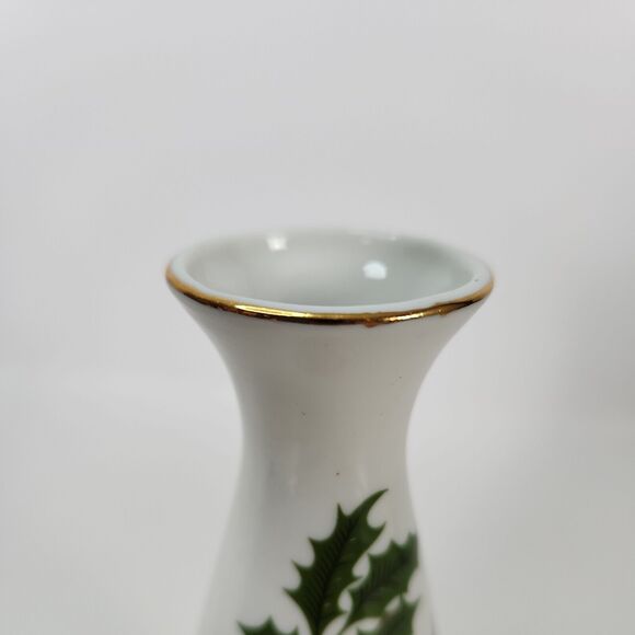 Bud Vase Christmas Holly Berry Holiday Decor White Porcelain 6 1/2" Gold Trim - Picture 10 of 11